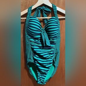 Merona Green and Black Striped Girls One-Piece Swimsuit